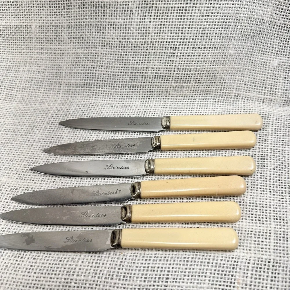 Cream Handle Stainless Steel Luncheon Knives‎ Mid Century Flatware Lot 6
